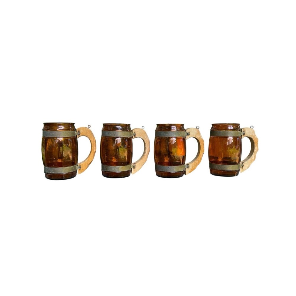Amber Brown Barrel Glass Beer Mug Siesta Ware  Wood Handle Western Vtg Set of 4
